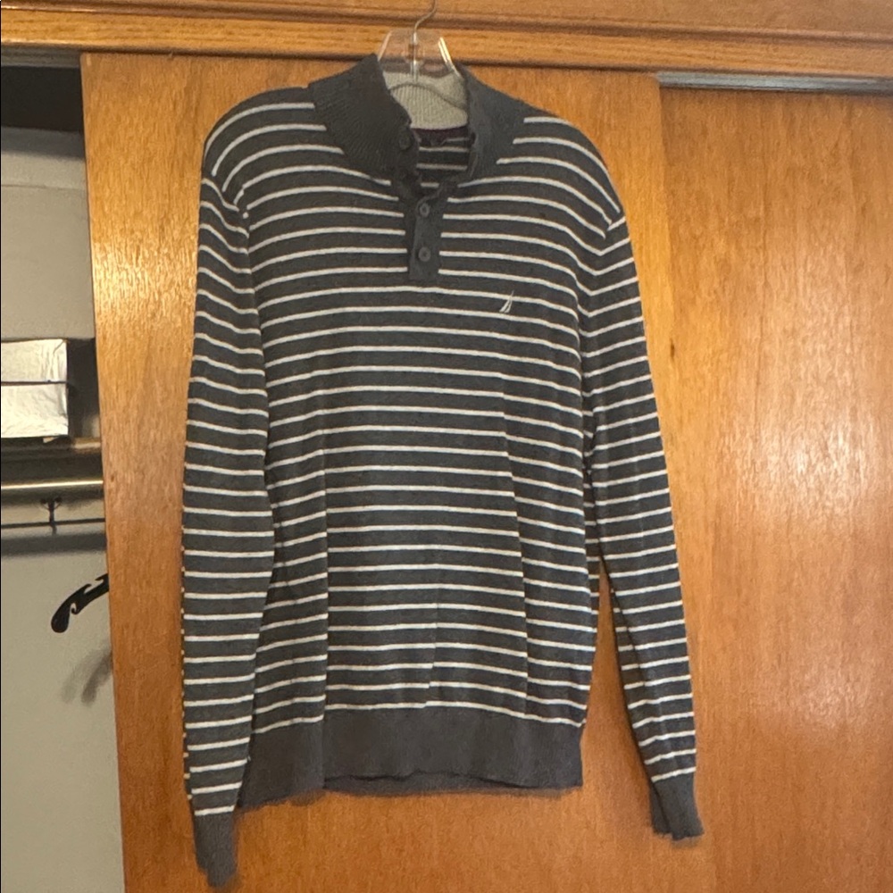 Nautica Gray and White Striped Sweater